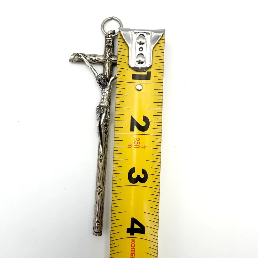 Vintage Italy Silver Tone Bark Large Jesus Crucifix Pendant INRI 4 Inch Goth